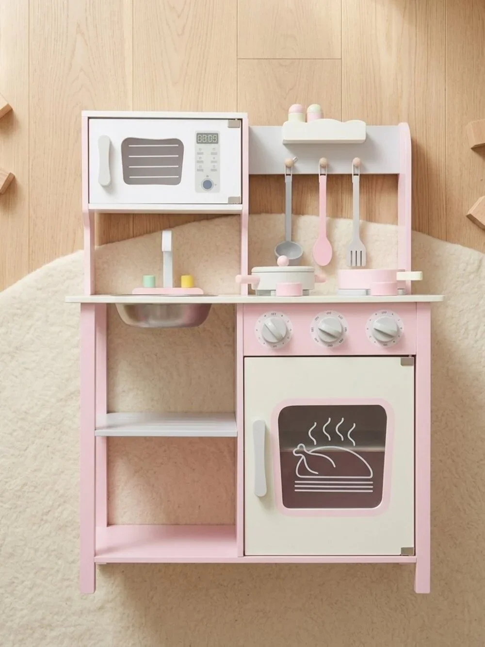 Kids Wooden Play Kitchen Set, Pink Pretend Cooking Toy with Accessories - Picture 2 of 16